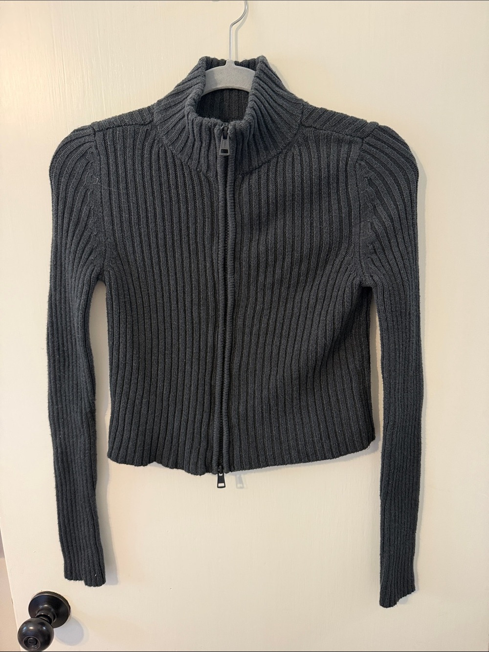 American Eagle Women’s Ribbed Zip-Up Cardigan Sweater — Charcoal